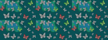 Ambalajlar, duvar kağıtları, kumaş tasarımı ve kağıt için hoş bir arkaplan. Mavi renkli resimler. Kelebek desenli güzel çizim tasarımı. Çizim.