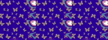 Uçan güvelerle çok renkli bir arka plan çiz. Raster. Parlak kelebeklerin eskiz geçmişi. Güzel renkli kelebekler mavi renkte kaotik bir şekilde uçarlar. Kumaş, kağıt, ambalaj için uygun