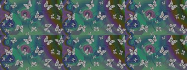 Yeşil arka planda renkli kelebek koleksiyonu. Kart, baskı ve davetiye için basit kadınsı bir model. Raster illüstrasyonu. Kağıt, kumaş ve ambalaj için uygun. Çizim.