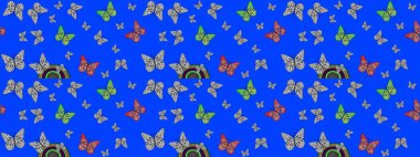 Elle çizilmiş illüstrasyon. Raster. Mavi renkli resimler. Şirin kelebeklerin güzel çizim şekli. Moda Kumaşı Tasarımı.