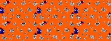 Turuncu renkli resimler. Robot resim. Ambalajlar, duvar kağıtları, kumaş tasarımı ve kağıt için hoş bir arkaplan. Güzel kelebek raster desenli resim tasarımı.
