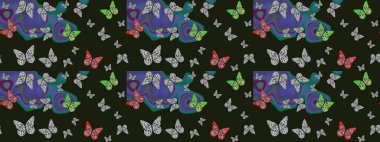 Gri üzerine güzel bir kelebek kumaşı çizimi. Bahar Kelebeği teması. Sonsuz. Raster illüstrasyonu. Giysi kumaşı için böcek dokusu parçası tekrarlanıyor. Çizim, karalama, karalama.