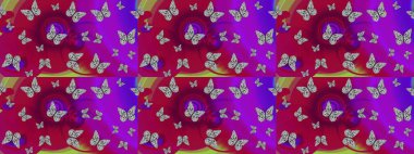 Çocuk kelebek çizim kalıbı. Kağıt, kumaş, ambalaj kağıdı ve duvar kâğıdı tasarımı için hoş bir arkaplan. Mor renkli sanat kelebekleri. Raster..