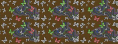 Raster Geleneksel Halk Güzel Dekor kahverengi arka planda giysi tasarımı için. Sevimli moda kelebekler.