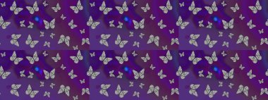 Dekoratif Raster çizimi. Renkli romantik kelebekler eskizler çiziyor. Menekşe renklerinin soyut arkaplanı. Elle çizilmiş kelebeklerle.