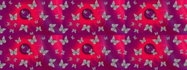 Parlak kelebeklerin eskiz geçmişi. Kumaş, kağıt ve ambalaj için uygun. Raster. Güzel renkli kelebek kaotik bir şekilde mor renkte uçar. Uçan güve ile çok renkli arkaplanı çiz