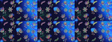 Raster suluboya çiçek deseni, narin çiçekler, mavi, gri ve yeşil çiçekler, tebrik kartı şablonu. Raster Güzel kumaş deseni.