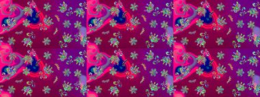 Egzotik çiçekler, mor renklerdeki botanik, parlak klasik doğa. Klasik tropikal doğal elementlerin suluboya seti. Raster illüstrasyonu.