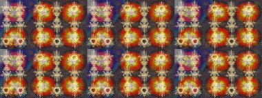 Kar tanelerinin soyut arkaplanlı Noel şablonu. Noel ve yeni yıl moda baskıları için tatil tasarımı. Kahverengi, gri ve kırmızı renkler. Raster illüstrasyonu.