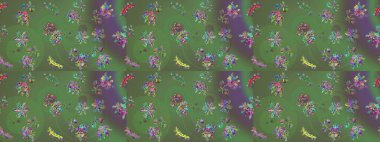 Kar taneli yeşil, gri ve mor renkler. Renkli arka planda izole tatlı kar taneleri. Raster illüstrasyonu.