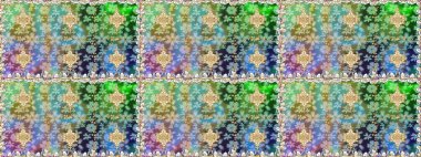 Duvar kâğıdı için altın süslü bir illüstrasyon. Çiçekli süslemeli, pürüzsüz bir desen. Süslü dantel iz sürücü. Geleneksel Arap dekoru yeşil renklerde. Doğu tarzında vintage tasarım ögesi.