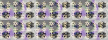 Gri, nötr ve bej renkli küçük çiçekler ve gri, nötr ve bej renkli komik böcekler, raster desen, illüstrasyon.