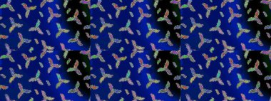 Kar tanelerinin soyut arkaplanlı Noel şablonu. Mavi, siyah ve yeşil renkler. Raster illüstrasyonu. Noel ve Yeni Yıl moda baskıları için tatil tasarımı.