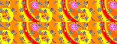 Sevimli çiçek raster deseni. Sarı, turuncu ve kırmızı renkte çiçekler. Renkli Bahar Temalı Kusursuz Arkaplan. Düz Çiçek Elementleri Tasarımı.