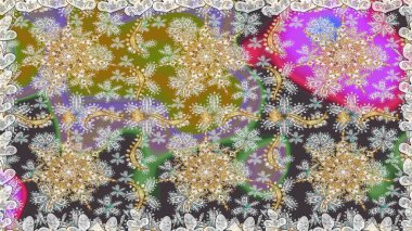 Gri renklerdeki altın element. Damask arkaplanı. Altın çiçekli, pürüzsüz desen. Barok tarzında altın çiçekli süs..