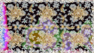 Kusursuz altın desenli bukleler. Hassas altın deseni açın. Raster. Parlak dantel, stilize çiçekler, şal desenli. Doğu tarzı arabesk. Gri renklerde, altın elementlerle kusursuz desen.