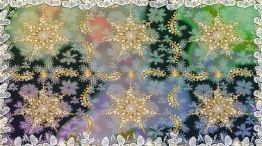 Hassas altın deseni açın. Gri renklerde, altın elementlerle kusursuz desen. Kusursuz altın desenli bukleler. Parlak dantel, stilize çiçekler, şal desenli. Raster. Doğu tarzı arabesk.