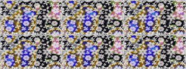 Raster illüstrasyonu. Kusursuz Chichi kumaş deseni. Renkli Bahar Temalı Kusursuz Arkaplan. Düz Çiçek Elementleri Tasarımı. Çiçek deseni.