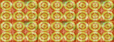 Soyut kış sarısı, turuncu ve yeşil süs. Raster illüstrasyonu. Renkli arka planda izole tatlı kar taneleri. Güzel kar tanesi. Yuvarlak raster kar tanesi.