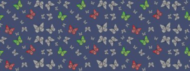 Raster. Kelebek desenli maviler. Robot resim. Kumaş, kağıt, ambalaj kağıdı ve duvar kağıdı tasarımı için mükemmel bir arkaplan.