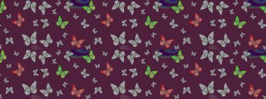 Raster illüstrasyonu. Tekrarlanan kelebekler. Çizim, karalama, karalama. Sonsuz. Elle çizilmiş sevimli kız çizimi deseni.