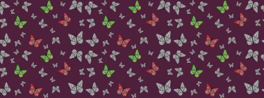 Tekstil, kumaş, baskı ve davetiye geçmişi. Kahverengi renkli illüstrasyon. Kelebekli çizim şekli. Raster..