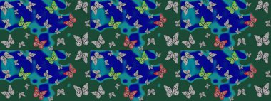 Boyama kitabı için uçan farklı güzel kelebekler. Böcekli eskiz kalıbı. Kıyafetler, erkekler, kızlar ve duvar kağıtları için soyut çizim kalıbı. Raster illüstrasyonu.