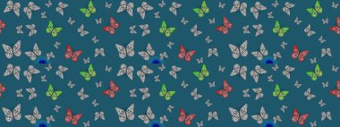 Raster. Mavi renkli illüstrasyon. Kelebekli Raster. Giysiler, erkekler, kızlar ve duvar kağıtları için soyut çizim kalıbı.