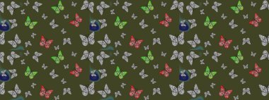 Parmak izi dokuları için sevimli kelebek çizimi deseni. Raster illüstrasyonu. Giysi tasarımı için dekor arka planı. Yeşil kelebek deseni.