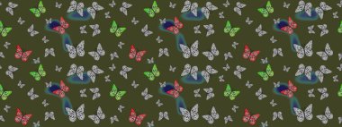 Yeşil arka planda kelebek desenli çizim. Kumaş, Tekstil, Baskı ve Davetiye için arka plan. Raster illüstrasyonu.