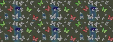 Davetiye, kart ve parmak izi için basit kadınsı bir model. Giysiler için böcek kumaşı klipsleri tekrarlanıyor. Yeşile kelebek desenli kontrastlı çizim. Uçan kelebek keten temalı Raster illüstrasyonu.