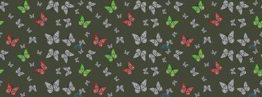 Nakış, egzotik kelebeklerle süslü çiçek eskiz deseni. Kart, baskı ve davetiye için basit şirin bir desen. Giysi tasarımı için yeşil arka planda geleneksel Raster halk çiçekleri dekoru.