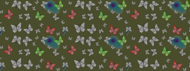 Raster illüstrasyonu. Web sayfası geçmişleri, duvar kağıtları, tekstil ve yüzey dokuları için mükemmel. Çizim kalıbı. Raster. Yeşil arka plandaki suluboya kelebeklerin.