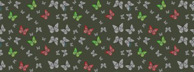 Yeşil arka planda renkli kelebekler. Kelebekli renkli folklor deseni. Paketleme, kağıt, kumaş için uygun.