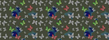 Raster illüstrasyonu. Web sayfası geçmişleri, duvar kağıtları, tekstil ve yüzey dokuları için mükemmel. Renkli kelebekler. Çizim deseni.