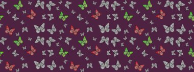 Güzel renkli kelebekler kahverengi renklerde kaotik bir şekilde uçarlar. Kumaş, kağıt ve ambalaj için uygun. Parlak Butterfli 'nin eskiz geçmişi. Raster. Uçan güvelerle çok renkli arkaplan çiz