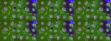 Raster illüstrasyonundaki çiçek desenli çizim. Yeşil ve mor renkte çiçekler.