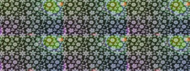 Çok renkli, zarif küçük çiçekler ve gri renkli komik böcekler, raster desen, illüstrasyon.