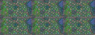 Giysi tasarımı için mavi ve yeşil arka plan dekorasyonu. Renkli kelebeklerin kusursuz arka planı. Raster illüstrasyonu.