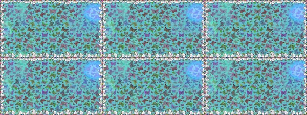 Ambalajlar, duvar kağıtları, kumaş tasarımı ve kağıt için hoş bir arkaplan. Kelebek desenli güzel çizim tasarımı. Kusursuz. Mavi ve nötr renkte resimler.