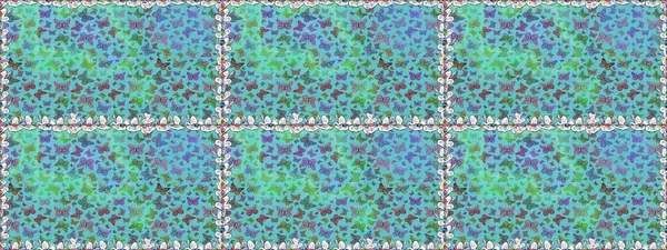 Mavi ve yeşil renklerin soyut arkaplanı. Renkli romantik kelebekler kusursuz desenli arka plan. Dekoratif Raster çizimi. Elle çizilmiş kelebeklerle.