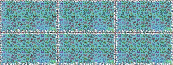 Kelebekler, mavi ve nötr renklerde kusursuz desenler çizerler. Şirin Raster çizimi. Web sayfası arkaplanları, duvar kağıtları, tekstil, yüzey dokuları için mükemmel.