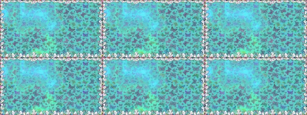 Tekstil, duvar kâğıtları, web sayfası arkaplanları ve yüzey dokuları için mükemmel. Mavi ve yeşil renkli şirin kelebek deseni. Raster illüstrasyonu. Tropikal temada kelebek çiçek deseni.