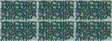 Yeşil ve mavi lale çiçekli, pürüzsüz bir desen. Doğal kozmetik ürünleri, parfüm, çiçekçi dükkanı için bahar ihalesi tasarımı. Paket kağıdı için en iyisi. Karşılama ya da düğün geçmişi olarak kullanılabilir.