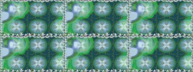 Raster illüstrasyonu. Yeşil renkli Asya tekstili. Çiçeklerle suluboya desenleri.