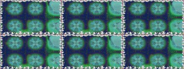 Çiçeksiz desenli, suluboya elle çizilmiş elementler. Parlak renkli fantezi çiçekleri, yapraklar, mavi ve yeşil renkli tomurcuklar.