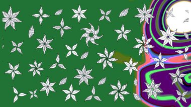 Renkli desenli eskiz deseni, yeşil çiçekler ve dekoratif elementlerle. Eskiz geçmişi. Raster illüstrasyonu. Kumaş, tekstil, duvar kağıdı baskısı için. Antika retro tarzı.