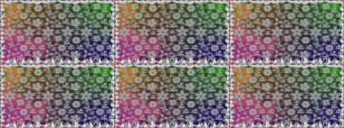 Çiçeksiz desenli, suluboya elle çizilmiş elementler. Parlak renkli fantezi çiçekleri, yapraklar, gri renkli tomurcuklar.