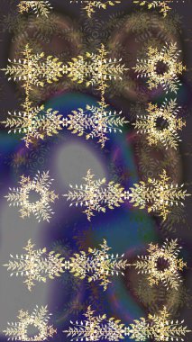 Raster illüstrasyonu. Renkli arka planda izole tatlı kar taneleri. Yuvarlak raster kar tanesi. Güzel kar tanesi. Soyut kış kahverengi, gri ve mor süslemeleri.