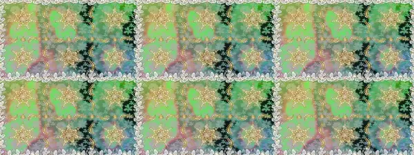 Yeşil renklerdeki altın element. Doğu tarzı element. Altın desenli çiçek dekoru. Çizgi sanatı tasarım şablonu için kusursuz sınır. Davetiyeler, kartlar, web sayfası için Raster illüstrasyonu.